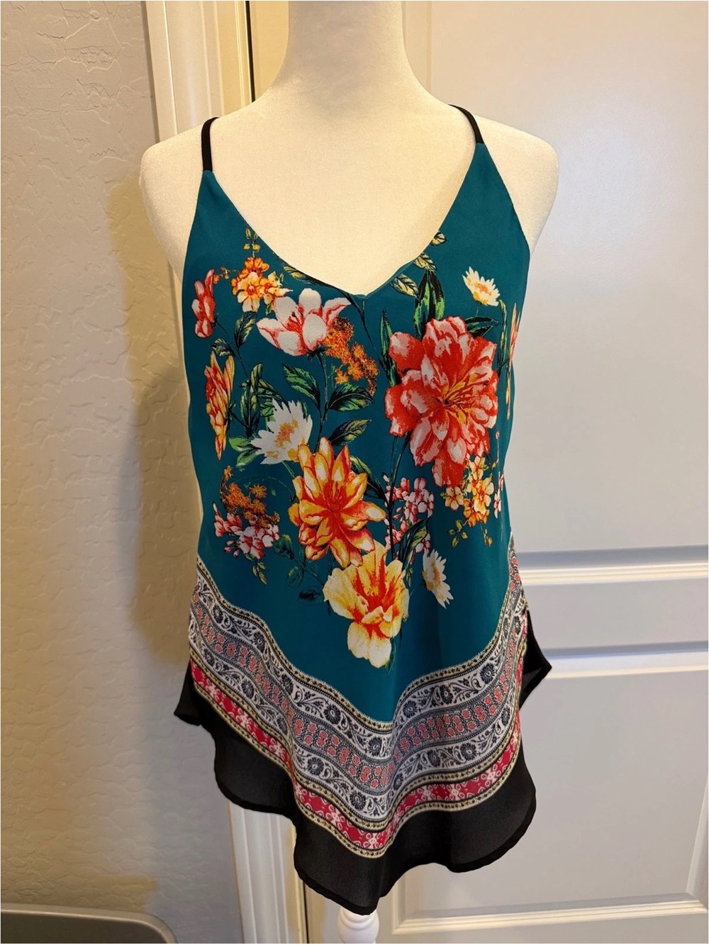 Floral Boho Cami Tank | Teal Multi Print | Size Medium